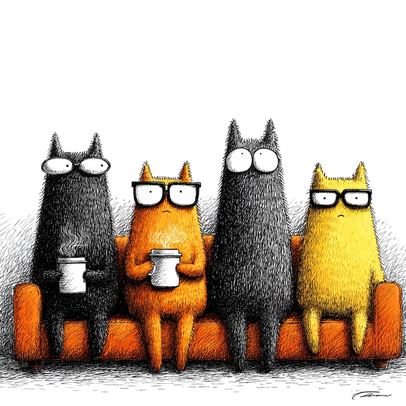 Może przedstawiać: Humorystyczna ilustracja przedstawia cztery antropomorficzne koty w okularach, trzymające filiżanki z parującą kawą, siedzące na pomarańczowej kanapie. Obraz, na białym tle, tworzy zabawną i przytulną scenę.