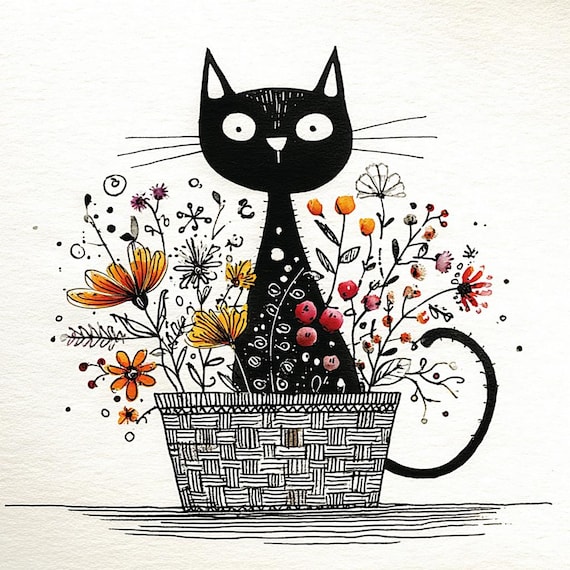 15 Boho Cat Clipart : Whimsical Floral Line Art Printable Set (Digital Download)
