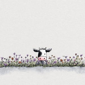 May include: A whimsical illustration of a cow peeking over a field of wildflowers. The cow is black and white with a pink nose. The flowers are purple, orange, and yellow, set against a white background.