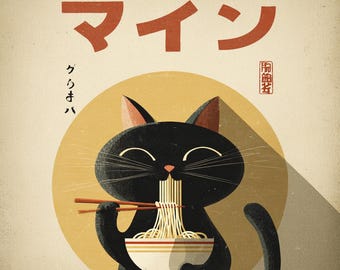 レトロな日本の黒猫プリント10選：かわいいラーメンのウォールアート