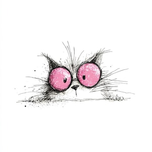 May include: A quirky black and white drawing of a cat with striking pink eyes. The cat's fur is rendered with fine, sketchy lines, and the large pink eyes stand out against the white backdrop, creating a playful image.