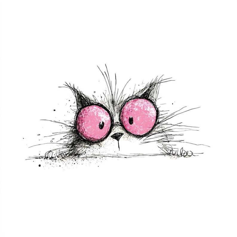 May include: A quirky black and white drawing of a cat with striking pink eyes. The cat's fur is rendered with fine, sketchy lines, and the large pink eyes stand out against the white backdrop, creating a playful image.