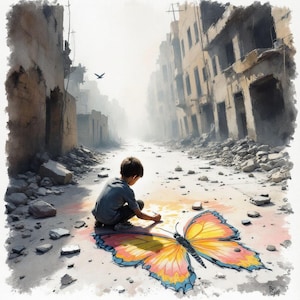 Aquarell Wandkunst, Warten auf den Frieden Die Hoffnung des Kindes im Krieg Druck, digitale Kunst, bedruckbar für Wanddekor, Kunstdruck Basteln