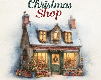 12 Christmas Village Watercolor Clipart: Holiday Shop Junk Journal (Digital Download)