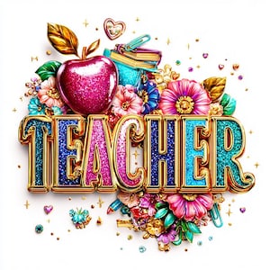 May include: A vibrant illustration with the word "TEACHER" in gold, glitter-filled letters. The design includes a pink glitter apple, colorful flowers, books, and decorative elements, all set against a white background. The overall theme is celebratory.