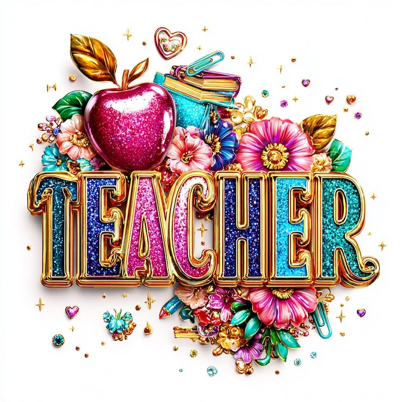May include: A vibrant illustration with the word "TEACHER" in gold, glitter-filled letters. The design includes a pink glitter apple, colorful flowers, books, and decorative elements, all set against a white background. The overall theme is celebratory.