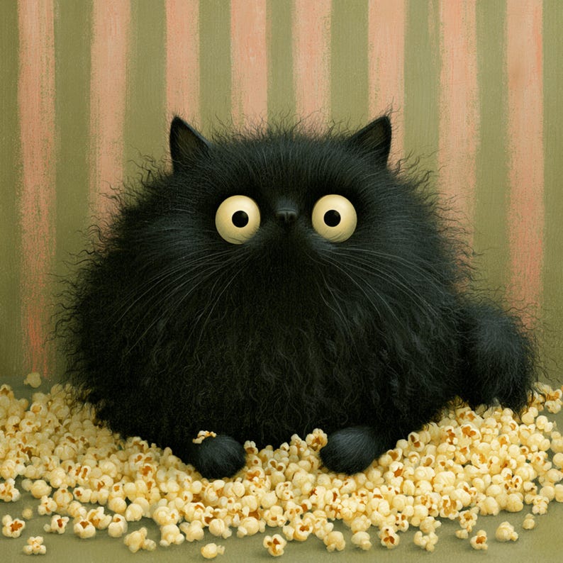 May include: A whimsical illustration of a fluffy black cat with large yellow eyes, sitting in a pile of popcorn. The cat has a round body and a curious expression. The background features vertical stripes in shades of green and pink.