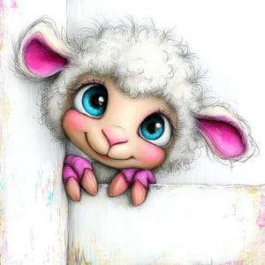 May include: A cartoon sheep illustration with fluffy white wool, pink ears, and large blue eyes. The sheep smiles, peeking over a white surface, with pink hooves. The artwork uses a soft, pastel colour palette, creating a gentle and friendly image.