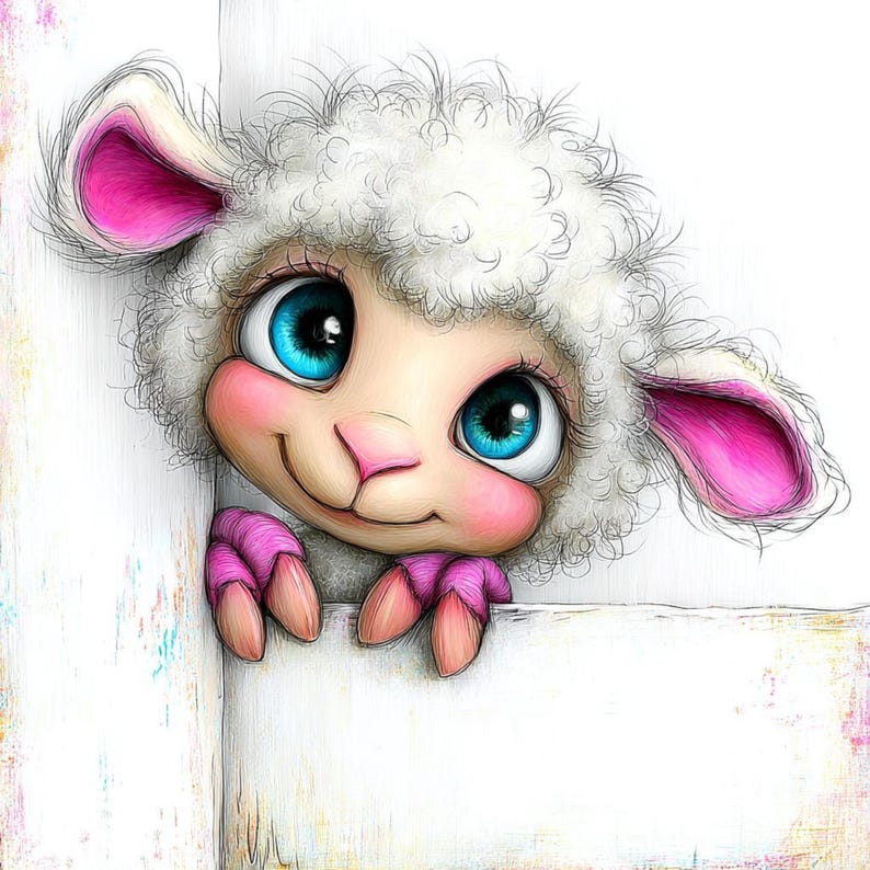 May include: A cartoon sheep illustration with fluffy white wool, pink ears, and large blue eyes. The sheep smiles, peeking over a white surface, with pink hooves. The artwork uses a soft, pastel colour palette, creating a gentle and friendly image.