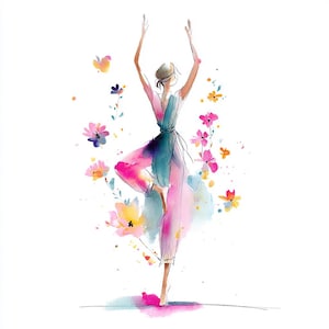 May include: Watercolor illustration of a person in a yoga pose, arms raised. The figure is dressed in pink and teal clothing, surrounded by colorful flowers. The artwork has a soft, artistic style with a white background.