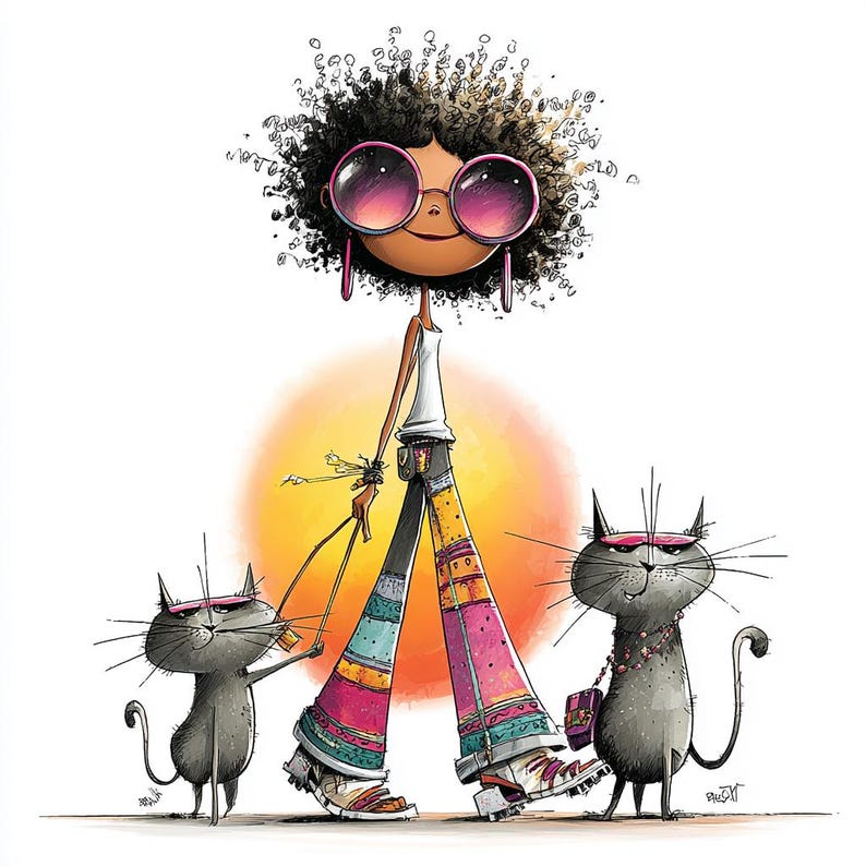 May include: Cartoon illustration of a person with large sunglasses and curly hair, walking two cats. The person wears a white vest, colourful trousers, and trainers. The cats are grey with sunglasses and accessories.
