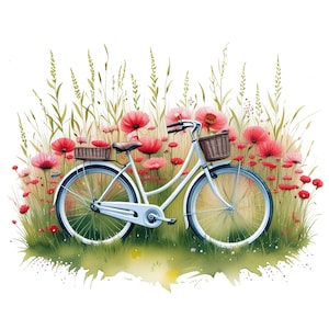 10 cliparts floraux vintage de bicyclette, clipart aquarelle imprimable, PNG de haute qualité, téléchargement numérique, créations en papier, journal de bordel