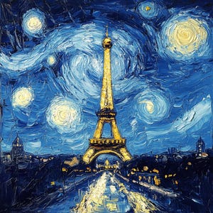 Ensemble de clipart Paris Tour Eiffel, Art imprimable Van Gogh nuit étoilée, 6 téléchargements numériques PNG, fournitures pour scrapbooking, décoration murale vintage