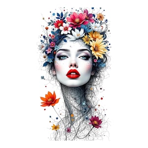 10 imágenes prediseñadas de rostros florales de mujer: acuarela abstracta colorida, arte lineal delicado, arte minimalista imprimible para diarios basura de papel.
