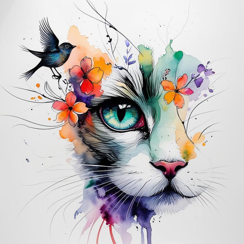 May include: A watercolour painting of a cat's face, featuring a teal eye, orange and red flowers, and a blue bird. The artwork uses a blend of colours, including purple, green, and orange, creating a whimsical and artistic design.