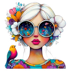 Puede incluir: Ilustración de una mujer con cabello blanco, usando gafas de sol redondas que reflejan una escena floral. Tiene labios de color rosa brillante y está adornada con flores coloridas. Un pájaro vibrante descansa sobre su hombro, agregando al diseño caprichoso.