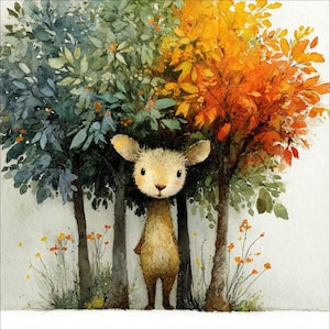 May include: A watercolour illustration depicts a deer-like creature amidst trees with green, orange, and yellow leaves. The artwork has a soft, dreamy quality, with delicate details and a gentle colour palette. Small orange flowers are at the base of the trees.