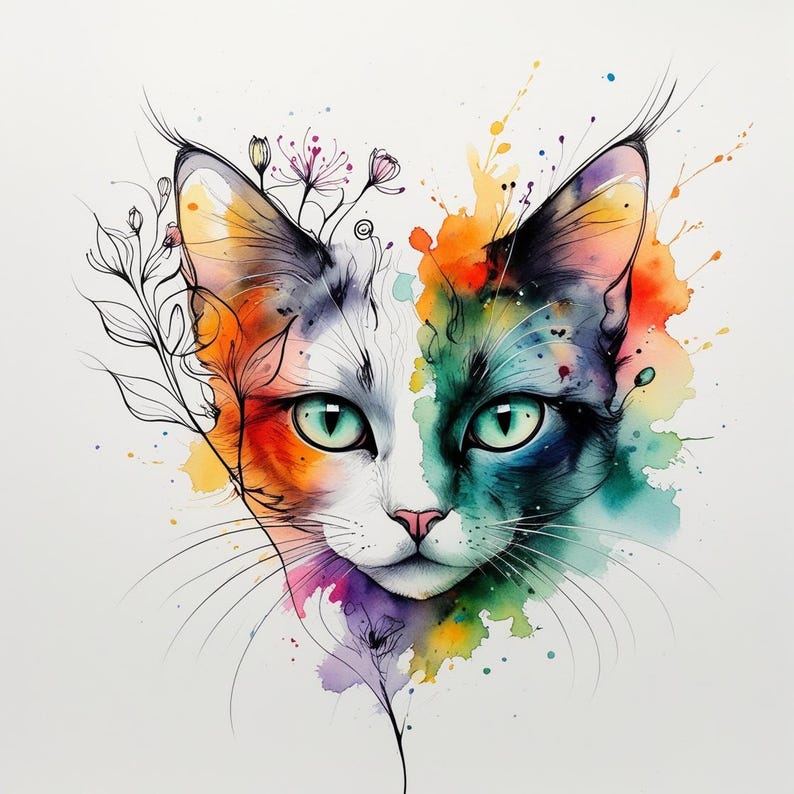 May include: A watercolour illustration of a cat's face, split vertically with vibrant colours. One side features warm hues of orange and yellow, while the other showcases cool blues and greens. The cat has green eyes, a pink nose, and delicate whiskers.