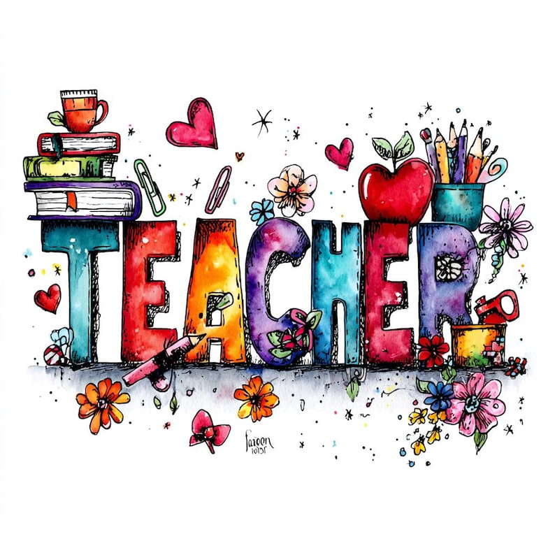 May include: Colorful watercolor illustration spelling out the word "TEACHER". The letters are decorated with books, pencils, hearts, flowers, and an apple. The artwork has a whimsical, hand-drawn style with vibrant colors.