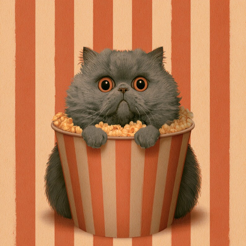 May include: A grey cat with large orange eyes sits in a red and white striped popcorn bucket, surrounded by popcorn. The background features vertical stripes in shades of orange and cream.