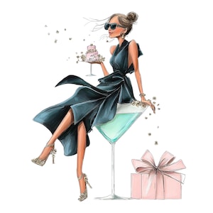 以下が含まれることがあります： ダークティール色のドレス、サングラス、ゴールドのハイヒールを身につけた女性が、巨大なマティーニグラスに座っているイラスト。彼女は「POP」という文字が入った小さなピンク色のケーキを持っています。ピンク色のリボンが付いたギフトボックスも存在します。