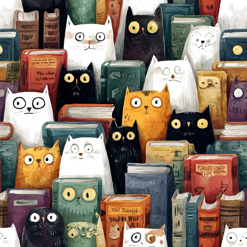 May include: A whimsical illustration featuring a collection of books and cats. The cats, in various colors like white, black, and orange, are interspersed among the books. The books have different colors and sizes, creating a playful and inviting scene.