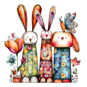 Puede incluir: Una ilustración caprichosa presenta tres figuras de conejos coloridos con largas orejas y cuerpos estampados. Una mariposa con cuerpo de zanahoria se posa sobre la cabeza de un conejo. Flores y follaje rodean a los conejos, creando una escena alegre y primaveral.