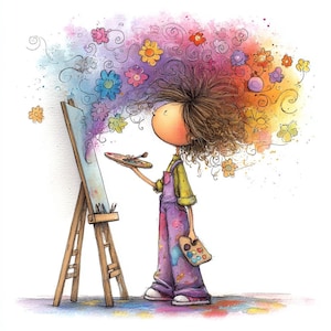 May include: A charming illustration of a person with brown curly hair, wearing purple overalls and a yellow shirt, painting on a wooden easel. The person's head is adorned with colourful flowers and paint, creating a vibrant and imaginative scene.