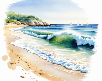 Coastal Beach Watercolor Clipart: Ocean Sea Art (Digital Download)