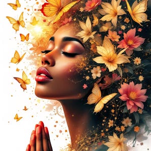 May include: Digital art of a woman with closed eyes, adorned with butterflies and flowers. The woman's hair is styled with yellow and pink flowers and butterflies. Her skin is a warm brown tone, and her lips are a vibrant red.