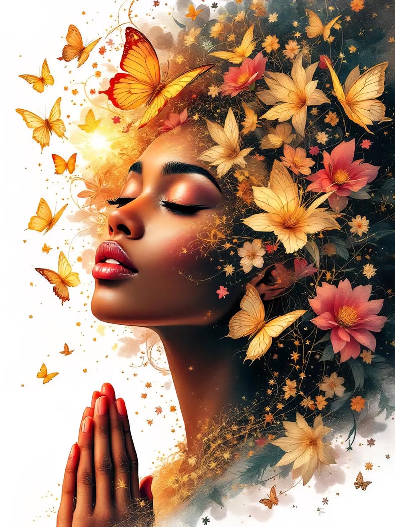 May include: Digital art of a woman with closed eyes, adorned with butterflies and flowers. The woman's hair is styled with yellow and pink flowers and butterflies. Her skin is a warm brown tone, and her lips are a vibrant red.