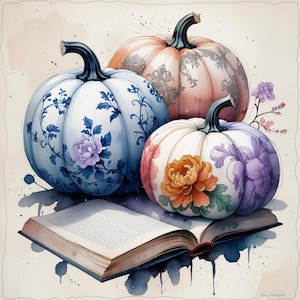 Chinoiserie Pumpkin Clipart: Blue & White Watercolor Fall Designs (Commercial Use, 300 DPI JPGs