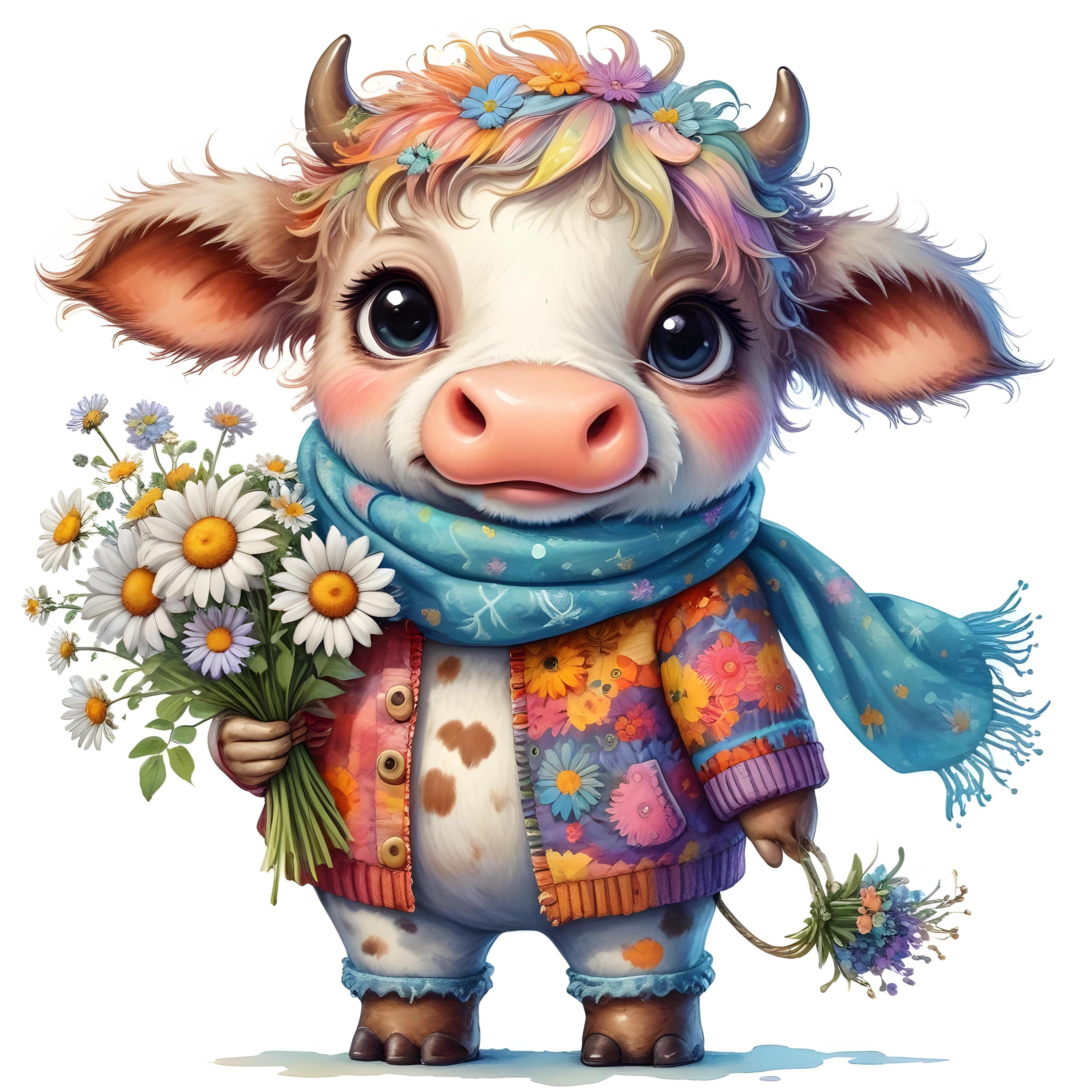 Clipart lunatique de vache duveteuse, 9 JPG de dessin au trait aquarelle, art de la ferme, téléchargement numérique pour la journalisation, scrapbooking, impression de T-shirt