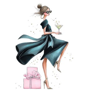 May include: Illustration of a woman in a teal dress, sunglasses, and gold heels, holding a martini. A pink gift box with a bow is at her feet. Gold confetti is scattered around the figure, creating a celebratory atmosphere.