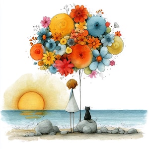 Könnte beinhalten: Aquarellillustration einer Strandszene mit einem großen Strauß bunter Blumen. Eine Person in einem weißen Kleid steht in der Nähe einer schwarzen Katze auf einem Felsen und beobachtet den Sonnenuntergang über dem Meer. Die Blumen sind in Orange-, Gelb-, Blau- und Rottönen gehalten.
