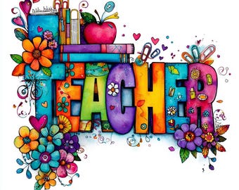 20 Teacher Sublimation PNG Clipart : Colorful School Art for T-Shirt Printing