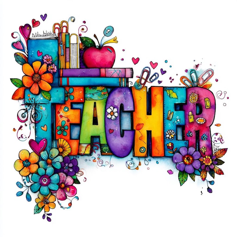May include: A colorful illustration spells out the word "TEACHER" in vibrant, block letters. The letters are decorated with flowers, hearts, and other whimsical elements. A stack of books, an apple, and paperclips add to the school theme.