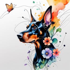Puede incluir: Ilustración en acuarela de un perro Doberman Pinscher con una mariposa y flores. El perro es negro y canela con acentos de acuarela coloridos en naranja, amarillo y azul. La obra tiene un estilo caprichoso y artístico.