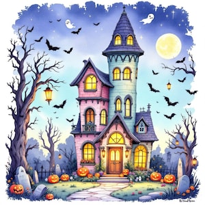20 Haunted House Halloween Clip Art High Res Watercolor JPGs Junk Journaling, Scrapbooking, Card Making, Digital Download, Fantasy,Whimsical