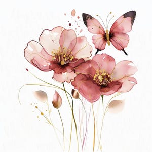 15 Abstract Pink Flower Watercolor Clipart Bundle, Blush and Dusty Rose Flowers Butterfly , High Quality JPG, Watercolor Floral Art