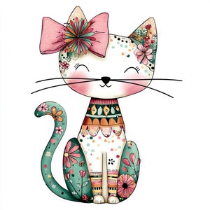 May include: A whimsical illustration of a seated cat with a large pink bow. The cat features floral patterns on its ears, tail, and paws, with a decorative collar. The cat's body is white with pink cheeks and a smiling expression.