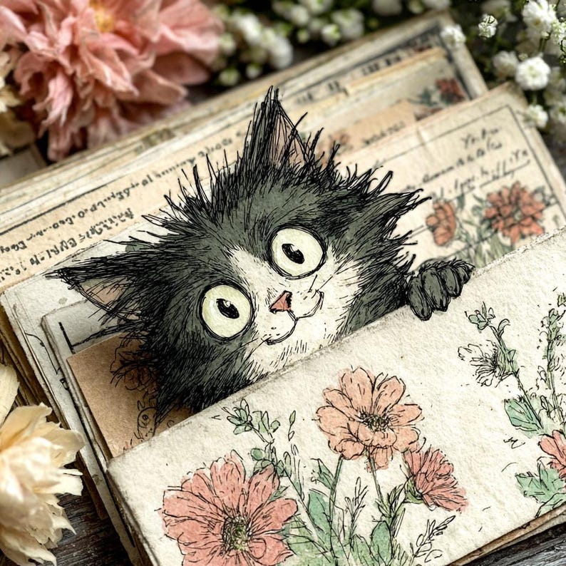 May include: A whimsical illustration of a black and white cat peeking over a stack of vintage-style papers. The papers feature floral drawings and handwritten text. The cat has large, expressive eyes and a playful expression, adding a touch of charm.