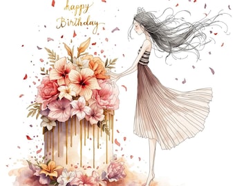 Birthday Flowers Girl Clipart: Watercolor Floral Art (Digital Download, 10 JPGs)