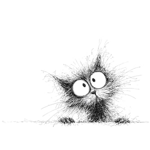 Könnte beinhalten: Eine skurrile Schwarz-Weiß-Illustration einer Katze mit großen, runden Augen. Das Fell der Katze ist mit zahlreichen stacheligen Linien gezeichnet, was ihm ein strukturiertes Aussehen verleiht. Die Katze blickt über eine weiße Oberfläche.