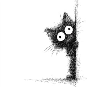 May include: A black and white illustration of a cartoon cat peeking around a corner. The cat has large, wide eyes and a fluffy, textured appearance. The artwork is a simple line drawing.