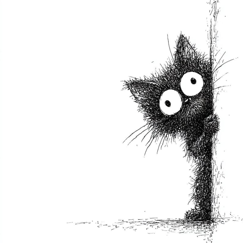 May include: A black and white illustration of a cartoon cat peeking around a corner. The cat has large, wide eyes and a fluffy, textured appearance. The artwork is a simple line drawing.