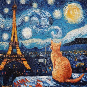 Gato fofo com clipart de noite estrelada e Torre Eiffel, 10 PNGs estilo Van Gogh, arte de parede de Paris, para impressão, download digital, uso comercial