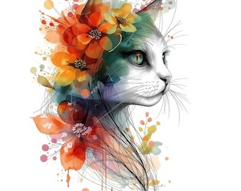 Watercolor Floral Cat Clipart: 30 Abstract Whimsical Printable Designs (Digital Download, JPGs)