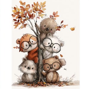 May include: An illustration of five cartoon animals wearing glasses, gathered around a tree with autumn-colored leaves. The animals are various shades of brown, orange, and white, with a whimsical and friendly appearance.