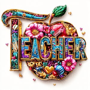 May include: A colorful, decorative design with the words "I TEACHER" in a stylized font. The design incorporates an apple shape, flowers, and various embellishments in gold, blue, pink, and purple hues, perfect for teacher appreciation.